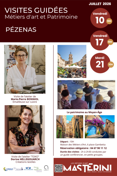 Affiche avec QR Code_Visites guidées métiers d'art et patrimoine_Pézenas_Juillet 2026